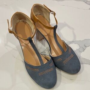 Denim blue & dark tan t-strap heels